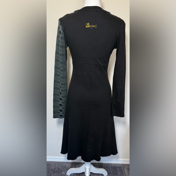 Desigual Black and Teal Artistic Long Sleeve V Neck Dress Women Small - Picture 6 of 7
